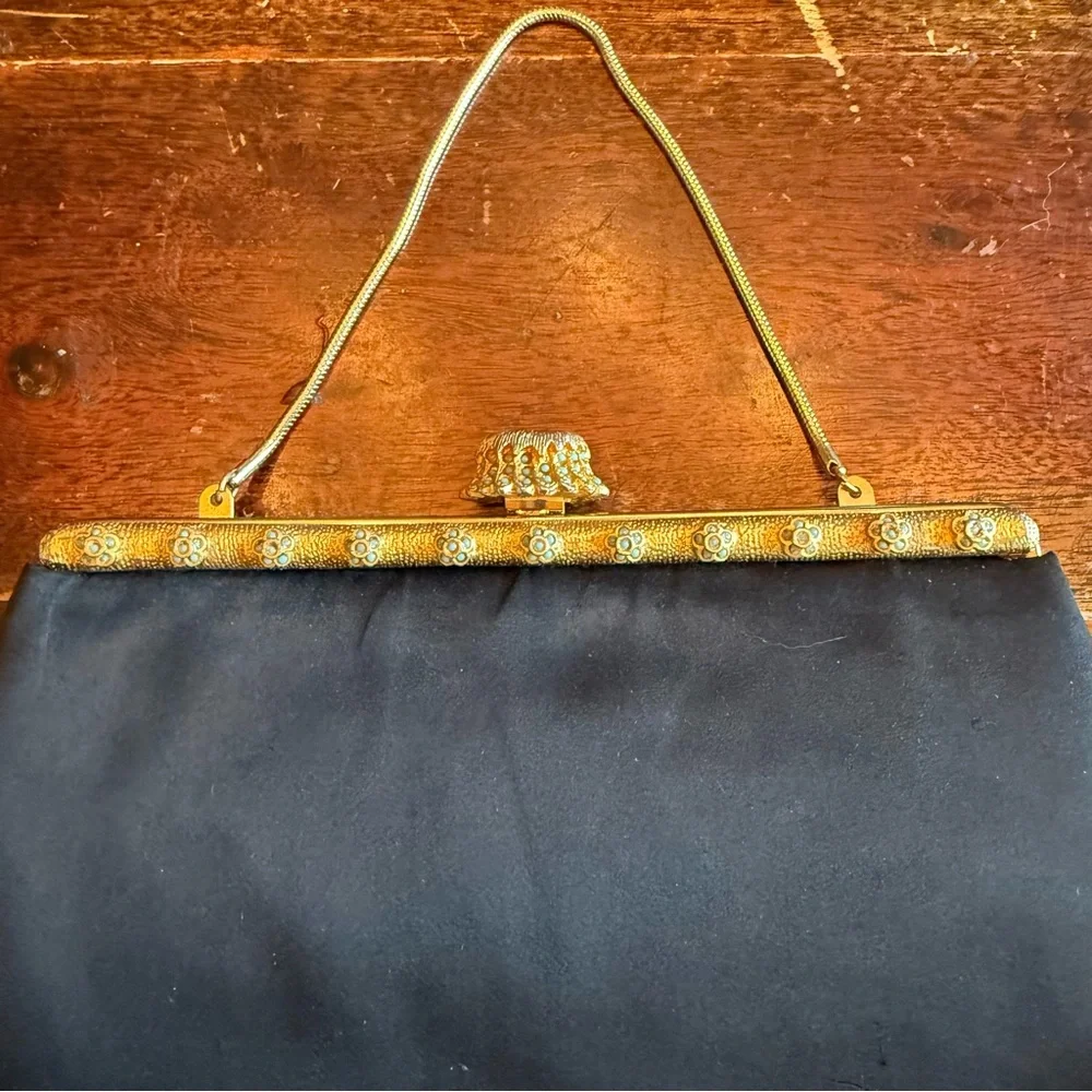 Vintage 1950s Black Satin Evening Purse with Ornate Gold Enamel Frame - Picture 3 of 8
